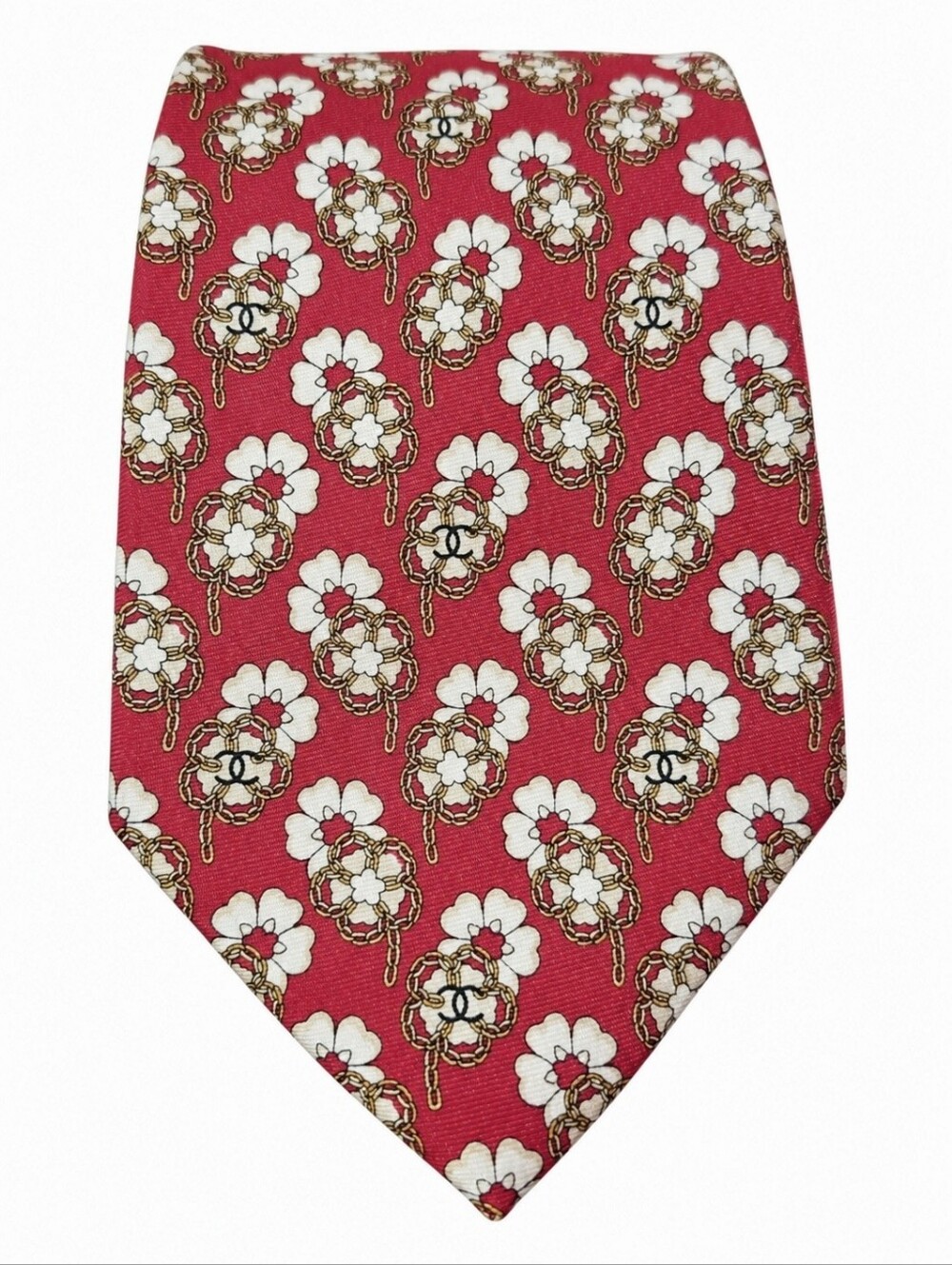 CHANEL | Vintage Silk Camellia Chain CC Logo Tie Red